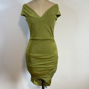 Y2K Clubwear Mini Dress Small 00s Green Ruched Glow Passion Spandex Brat Rave